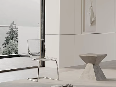 Transparent Dining Chair in Modern Interior with Large Window Trees Outside and Stone Side Table 3d model