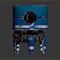 Blue Sci Fi Robot With Round Eye White Stripes Cylindrical Body And Mechanical Legs