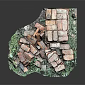 Miniature Stacked Brick Tower Structure With Green Mossy Base Elements
