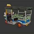 Blue Three Wheeler Motorcycle With Black Roof Yellow Light Red Wheels And Rear Railings