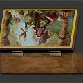 Decorative Wooden Box With Painted Lid Featuring Colorful Fairy Tale Scene And Yellow Border