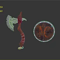 Axe And Shield Weapon With Silver Blade Wooden Handle Red Straps NC Symbol Silver Rim