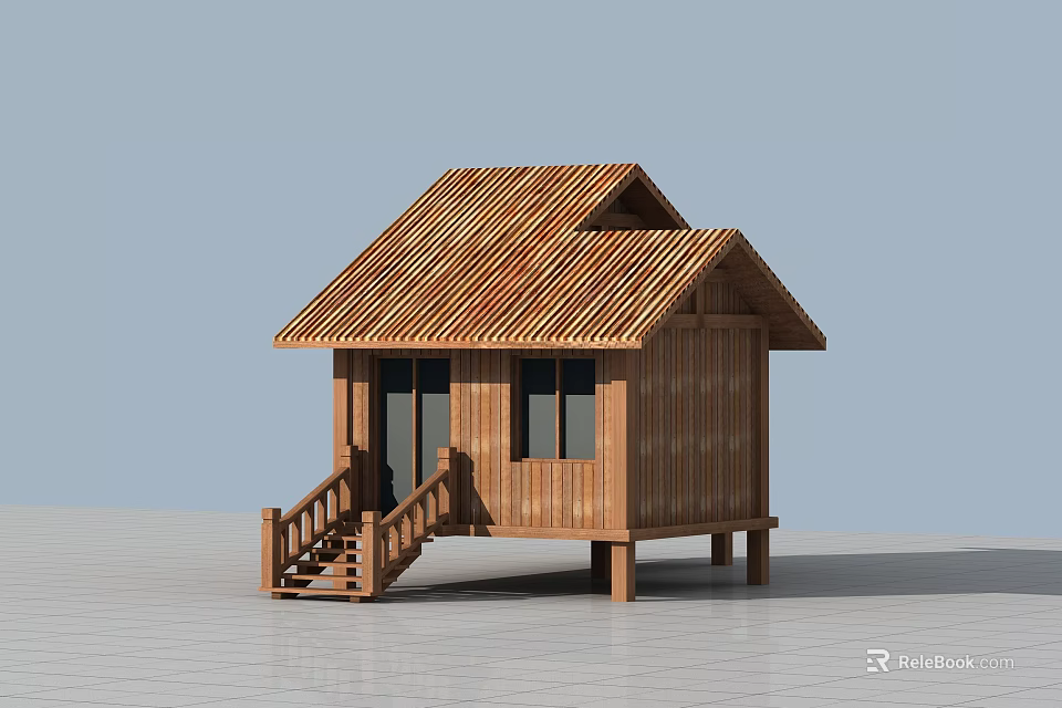 Traditional Wooden House With Sloped Roof Stairs Handrail And Elevated Structure 3d model 