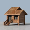 Traditional Wooden House With Sloped Roof Stairs Handrail And Elevated Structure