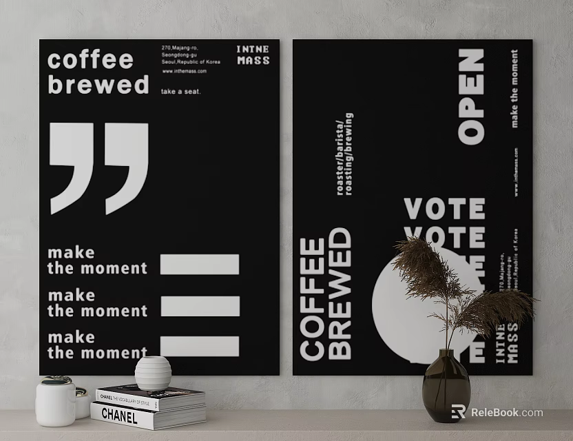 Coffee Themed Posters Featuring Brewed Text Open Vote And Design Elements 3d model 