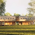 Modern Wooden Single Family House In Grassy Area With Trees And Walking Family