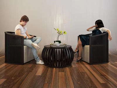 Modern Casual Sofa Set with Dark Frame Light Cushion and Wooden Coffee Table 3d model