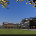 Modern School Building With Glass Facades Curved Design Green Lawn And Trees