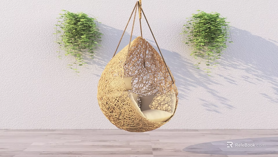Teardrop Shaped Woven Hanging Chair Against White Wall With Green Plants And Wooden Floor 3d model 