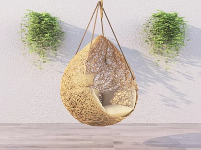 Teardrop Shaped Woven Hanging Chair Against White Wall With Green Plants And Wooden Floor 3d model