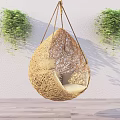 Teardrop Shaped Woven Hanging Chair Against White Wall With Green Plants And Wooden Floor