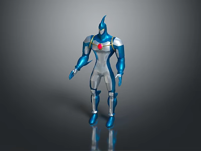 Sleek Blue And Silver Game Movie Character With Metallic Armor And Red Chest Emblem 3d model