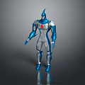 Sleek Blue And Silver Game Movie Character With Metallic Armor And Red Chest Emblem