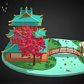 Traditional Chinese Tower With Green Roof Red Columns Cherry Blossom Trees And Stone Bridge