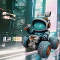 Futuristic Robot Driven Car in Neon Lit Futuristic City Night Scene with Large Orange Tires