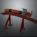 Toy Train With Red Carriages Blue Locomotive On Red Tracks And Supports