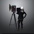 Professional Photographer Setup With White Safety Helmet Black Camera Tripod And Reflector