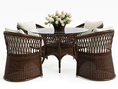 Wicker Round Outdoor Table With Matching Chairs White Cushions And Vase With White Flowers 3d model