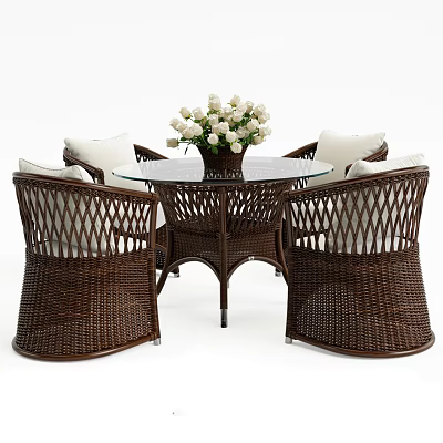 Wicker Round Outdoor Table With Matching Chairs White Cushions And Vase With White Flowers 3d model