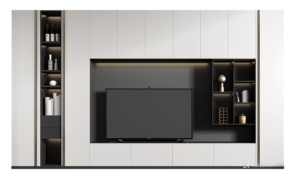 Modern TV Stand Design With White Black Storage Cabinets And Open Shelves 3d model 
