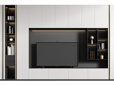Modern TV Stand Design With White Black Storage Cabinets And Open Shelves 3d model
