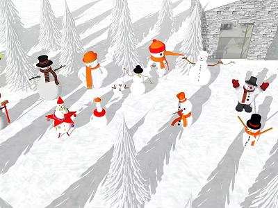 Festive Winter Household Decorations Including Snowman Hats Scarves Carrot Noses And Pine Trees 3d model