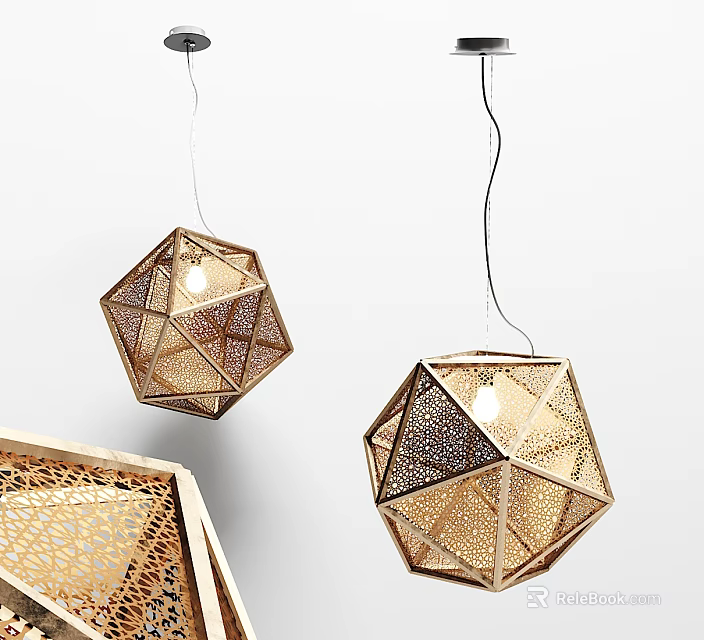 Geometric Gold Pendant Lights With Intricate Laser Cut Patterns For Modern Interiors 3d model 