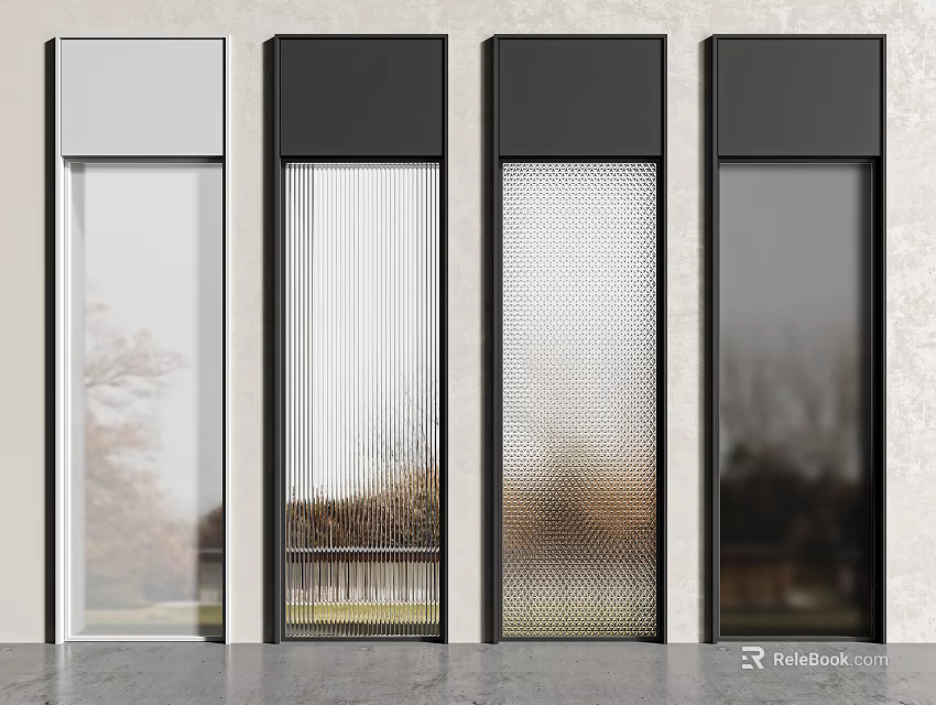Four Modern Glass Doors Featuring Different Textures And Transparent Designs 3d model