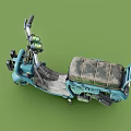 Blue Vintage Scooter With Black Leather Seat Front Headlight And Rear Rack