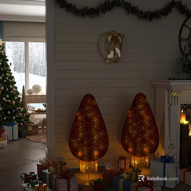 Christmas Decorated Room with Two Illuminated Tree Shaped Lights Fireplace and Gifts 3d model 
