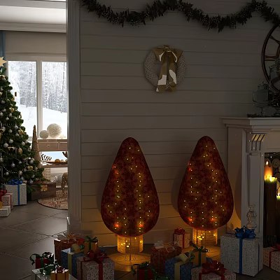 Christmas Decorated Room with Two Illuminated Tree Shaped Lights Fireplace and Gifts 3d model
