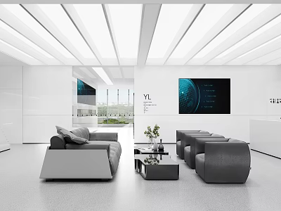 Modern Reception Area With Comfortable Sofa Green Plants And Stylish Reception Desk 3d model