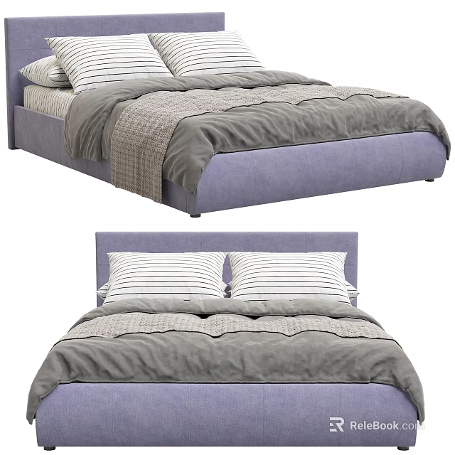 Modern Double Bed With Purple Frame Gray Comforter And Striped Pillows 3d model