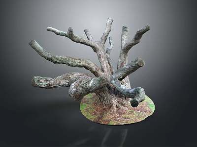 Natural Tree Stump With Twisted Thick Branches On Green Mossy Ground 3d model
