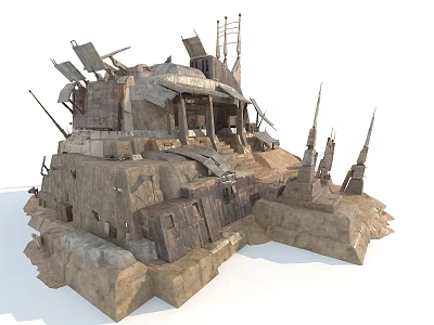 Ruined Fortress Structure With Stone Base Metal Plates Tilted Spires And Antennas 3d model