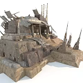 Ruined Fortress Structure With Stone Base Metal Plates Tilted Spires And Antennas