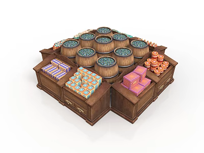 Wooden Display Storage Cabinet With Compartments Barrels Colorful Squares And Rolled Items 3d model