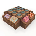 Wooden Display Storage Cabinet With Compartments Barrels Colorful Squares And Rolled Items