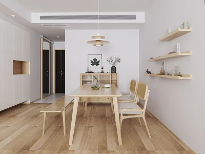 Modern Minimalist Restaurant Interior With Wooden Dining Table Chairs Shelves And Pendant Light 3d model