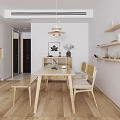 Modern Minimalist Restaurant Interior With Wooden Dining Table Chairs Shelves And Pendant Light