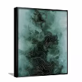 Modern Minimalist Abstract Painting With Teal Tones Golden Lines And Black Frame
