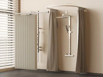 Shower Head In Modern Bathroom Interior With Curtain Radiator Beige Wall And Dark Tile Floor 3d model