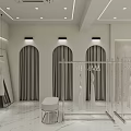 Modern Clothing Store With White Clothes Racks Mannequins Glass Partitions Marble Floor And Pendant Lights