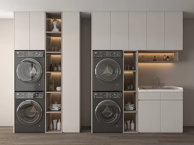 Modern Bathroom Cabinetry With Washer Dryer Storage Shelves And Sink 3d model
