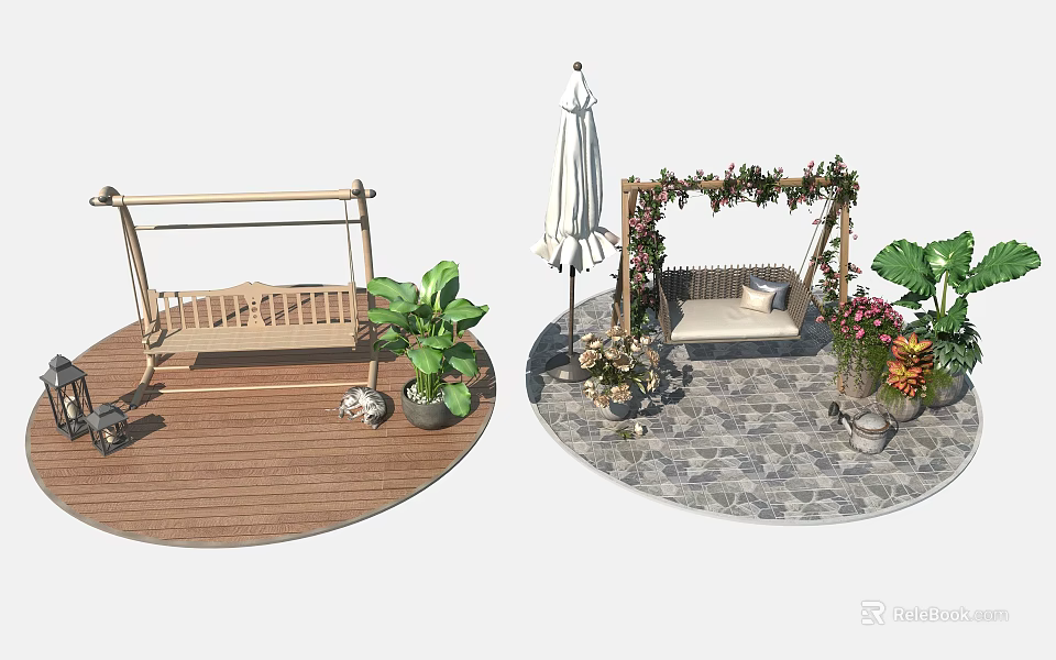 Outdoor Playground Swing With Wooden Frame Flower Arch Green Plants And Garden Decorations 3d model 