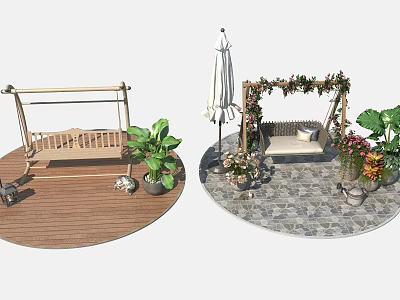 Outdoor Playground Swing With Wooden Frame Flower Arch Green Plants And Garden Decorations 3d model