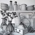 Elegant Kitchenware Display On Shelf With Bowls Mugs Plates Teapot And Cutting Boards