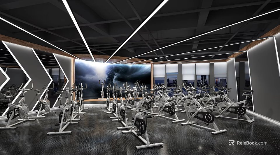 Modern Fitness Gym Interior With Rows Of Spin Bikes And Indoor Workout Setup 3d model 