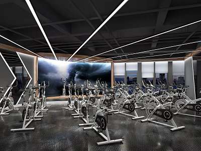 Modern Fitness Gym Interior With Rows Of Spin Bikes And Indoor Workout Setup 3d model