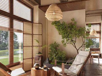 Villa Balcony With Large Windows Bamboo Screens Greenery And Seating 3d model